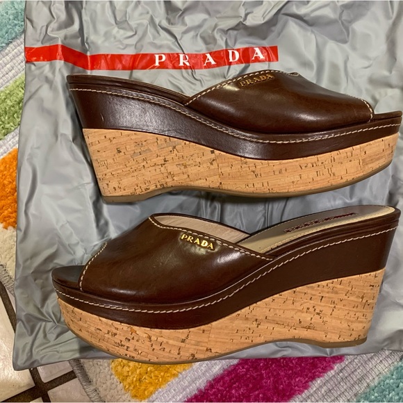 PRADA Brown Leather Logo Cork Platform Open-Toe Wedge Sandals - Picture 5 of 16